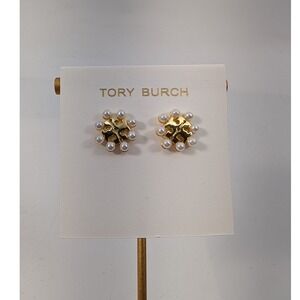 Tory Burch Kira Pearl Logo Stud Earrings Gold Tone White Faux Pearl - NEW